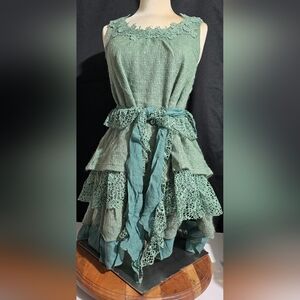 Pretty Angel Tiered Ruffled Green Dress With Belt Scarf Size Small‎ New With Tag
